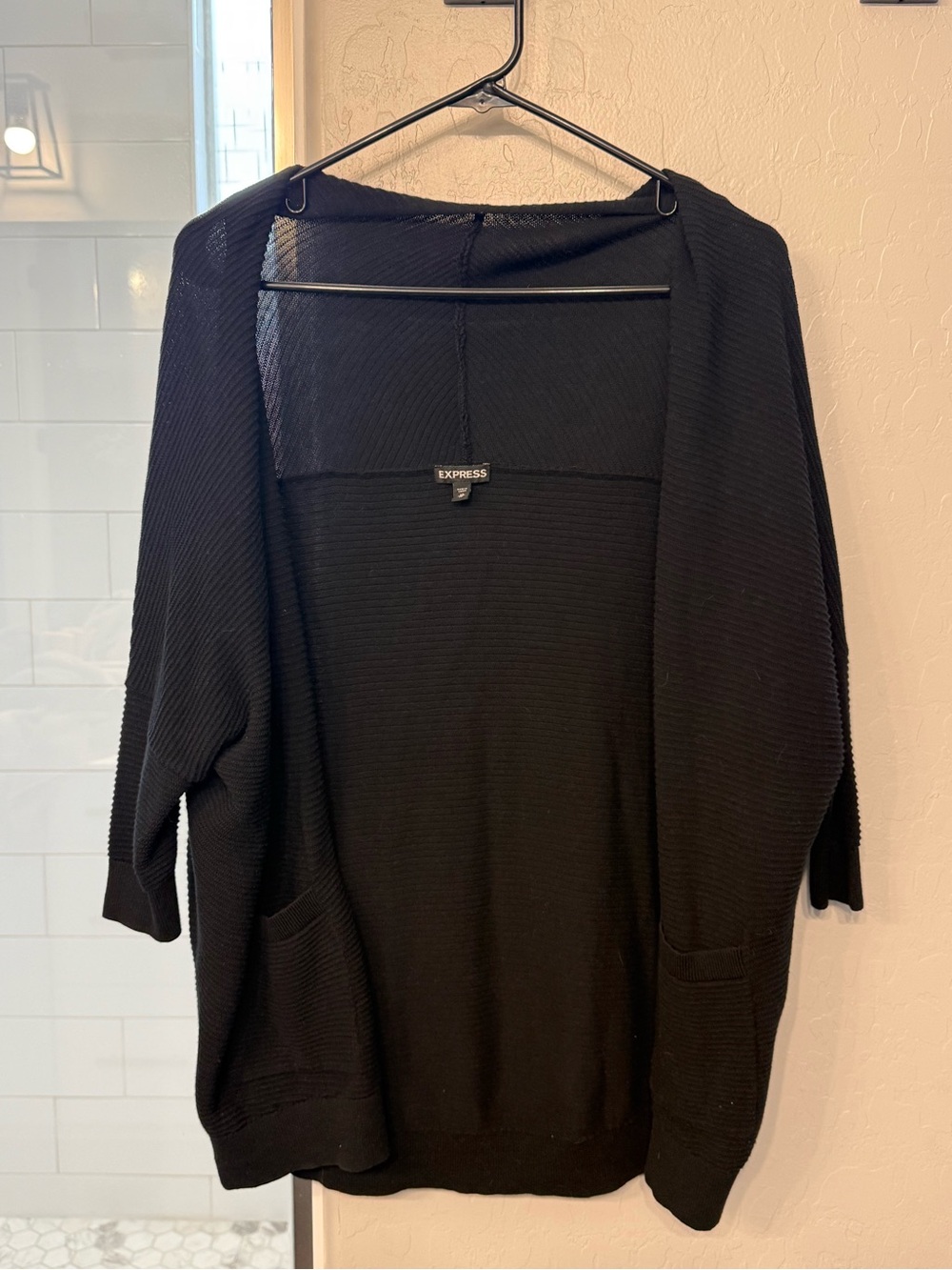 Express Black Open-Front Ribbed Cardigan with Pockets
